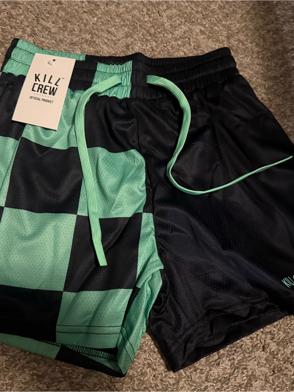 Kill Crew MUAY THAI SHORTS (MID THIGH CUT) CHECKER - BLACK / MINT - Picture 2 of 2